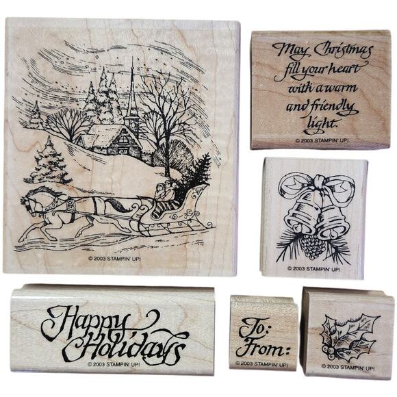 2003 Stampin' Up! Set 6 Christmas Holiday Rubber Wood Mount Stamps NEW Condition - Picture 1 of 6